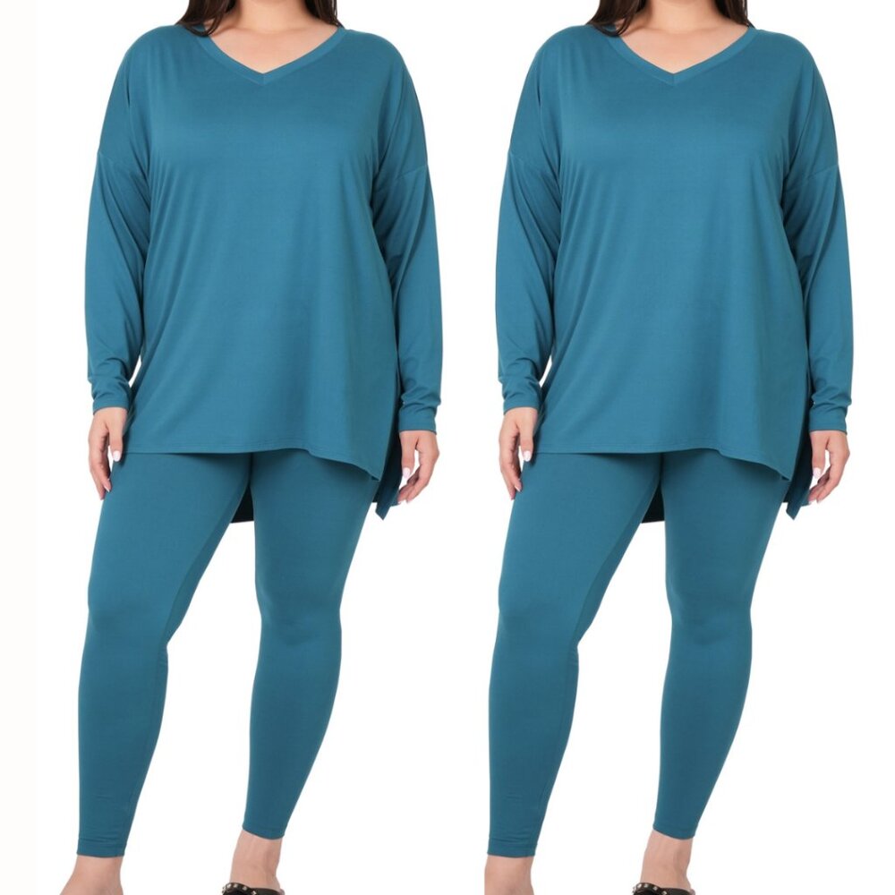 V‑Neck Long‑Sleeve Loungewear Leggings Set – Buttery Soft Brushed DTY Microfiber